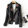 Frauen Retro Blumendruck Stickerei Faux Weiche Lederjacke Mantel Umlegekragen Pu Moto Biker Schwarz Punk Oberbekleidung