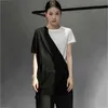 [EAM] Camiseta informal asimétrica empalmada negra para mujer, cuello redondo, manga corta, moda Primavera Verano 1DD7718 21512