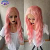 13x3 rosa färg syntetisk spets frontal peruk mellannivå lång vatten våg cosplay peruker för svart / vita kvinnor