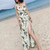 Biały Pineapple Drukuj Szyfonowy Bez Rękawów Pasek Bez Backlesji Cross Split Empire V Neck Summer Beach Vooking Dress D0593 210514