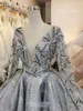 Sparkly Beaded Ball-toga Prom Jurken V-hals Lange mouwen Lovertjes Avondjurken Sweep Train Formele Jurk ROBES DE Custom Made