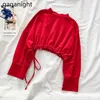 Moda Chic Kobiety Krótkie Bluzy Z Długim Rękawem o Neck Ruched Slim Sweatershirt Girls Casual Streetwear Crop Tops 210601