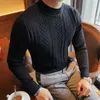 Fall Winter Half Turtleneck Men's Sweater Korean Slim Twist Thick Line Middle Collar Knitted Pullovers Pure Color Knitwear 210527