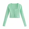 Женщины Crop Knit Cardigan Square Deckline Длинные рукава Поддон Свитер Повседневная Мода Шикан Женщина Урожай Топы Y2K Лето 210709