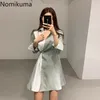 Nomikuma Kontrastfärg singelbröst full ärm klänning Kvinnor Patchwork Casual Fashionable Dresses Kvinnlig Koreansk stil 3A625 210514