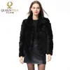 Hela Full Pelt Kanin Fur Coat Stand Collar Jacka Real Winter Women Fashion Waistcoat Natural 211122