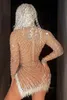 Sexy Rhinestone Pearls Mesh Perspective Dress Women High Slit Birthday Prom Bodycon Nightclub Dancer Stage Casual Dresses