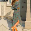 Long dress women geometric print long sleeve Deep V-neck sexy high waist Lacing up casual fashion party ladies 210515