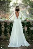 Ivory kant 3/4 Boheemse Boheemse bruidsjurken met lange mouwen 2021 Summer Court Train Flow Chiffon Plus Size Beach Bridal Jurken 0431