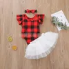 Barnkläder Ställer Tjejer Gitter Outfits Barn Kärlek Plaid Flying Sleeve Toppar + Spetsar Kjolar + Båge Headband 3st / Set Sommar Mode Boutique Baby Kläder