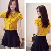 韓国風プリントシフォンブラウス女性のコントラスト半袖ベースシャツの襟OL 9455 50 210508