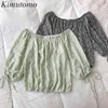 KIMUTOMO Vintage Floral Printing Blouse Dames Zomer Koreaanse Mode Meisjes Slash Neck Puff Sleeve Bandage Short Shirt 210521