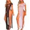 Mulheres de banho feminina Sexy Women Hollow Out Biquíni Coverp ups Solid Color Sleeve Late Split See através do vestido para roupas de bancada de verão Desgaste