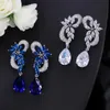 Marchio Design unico Colore argento Lusso Cubic Zircon Drop Stones Orecchini lunghi blu royal per le donne CZ234 210714