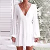 Frauenkleid mit tiefem V-Ausschnitt, rückenfrei, sexy, Laternenärmel, kurz, weiß, Übergröße, Bohemian-Stil, Sommer 210524