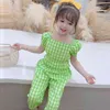 Children's Clothing Sets Fashion Kids Clothes Summer Bubble Sleeve Waist Plaid Shirt + Trousers Girl 210515
