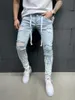 Calças masculinas Jeans rasgados lavados com zíper decorados Calças casuais