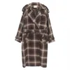 Frauen Plaid Mantel Winter 50er 60er Vintage Revers Lose Gürtel Büro Dame Verdickte Warme Woll Strickjacke Mäntel 210608