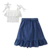 Summer Baby Kids Girl Girl Sets Quality Outfits Off Spalla Solid Color Gruck Serbatoio Tops Lungo Abito Flare 3pcs Set Moda Nuovi vestiti