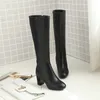 Knee-High Boots Kvinnor Skor Zipper Högklacken Lång Toe Chunky Heels Ladies Beige Svart Stor Storlek 45 210517