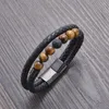 Beaded Strands Natural Stone Bracelet Stainless Steel Magnetic Clasp Leather Bracelets 7 Chakra Beads Fashion Men Bangles Fawn22