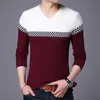 2021 Jesień zima ciepłe swetry wełniane casual hit color patchwork v-neck sweter mężczyźni marka szczupła fit bawełniany sweter Y0907