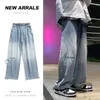 Męskie dżinsy męskie jeansy jeansowe zimowe workowate gradient dżinsowe spodnie mężczyźni kobiety Koreańskie luźne proste elastyczne talię myte dżins/czarny Z230728