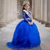 Royal Blue Petite Fille Longue Pageant Robes Une Épaule Robe De Bal En Dentelle Perlée Enfants Première Communion Robe De Fille De Fleur Robes De Fête D'anniversaire