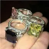Vecalonの女性の大きなジュエリーリングプリンセスカット10ctダイヤモンドストーン300ピースCZ 925スターリングシルバーの婚約結婚指輪ギフト
