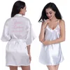 Casamento Custom Wedding Mulheres Nightgown Conjuntos 2 Peças Nightdress Bathrobe Feminino Cetim Kimono Bath Vestido Sleepwear Rosa Robes Terno 210901