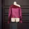 Женщины Бургундская рубашка блузка с плеча прозрачный длинный фонарный рукав сексуальный см. Вспытные летние моды плюс размер 210527