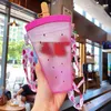 プラスチックウォーターボトルスイカオレンジアイスクリームウォーターボトル子供の女の子のためのわら携帯用アイスキャリカカップ