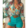 Summer 2 Piece Sets Elegant Floral Print Long Sleeve and Shorts Set Women's Office Suit with High Waist Shorts Outfits 210619