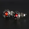 100% Pure 925 Sterling Silver Stud Earrings for Women Men Dragon Earrings Vintage Skeleton Gothic With Garnet Natural Stone 210325