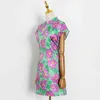 Robe florale d'impression creuse pour femmes col montant à manches courtes taille haute robes droites mode féminine 210520