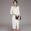 Höst OL SEXY V Neck Fashion Dress Women Spilled Knee-Long Pecill Dress Zippers Slim Bodycon Solid Party Office Dress 210514
