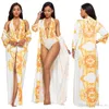 Sexy impresso manto bikini split terno conjunto de banho manga longa cobrir designer roupa de banho para women8035997