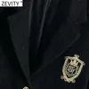 Zevity Kobiety Anglia Styl Badge Patch Breasted Woolen Blazer Płaszcz Vintage Z Długim Rękawem Kieszenie Kobiet Odzież Odzieży Chic Topy CT663 211019