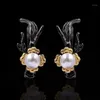 Stud Original Retro Art Inlaid Pearl Flower Earrings Personality Sweet Two-tone Black Gold Ladies Silver Jewelry