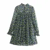 Vintage Floral Print Short Dress Women Fashion Metallic Thread Smock Design Woman Long Puff Sleeve Pleated Vestido 210430