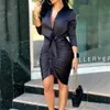 Bayan Seksi Elbise Sonbahar Yaz V Yaka Lace Up Patchwork Uzun Kollu Gömlek Elbise Kadın Rahat Yaka Düğmesi Pileli Saten Elbiseler Femme Etek