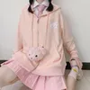 Женские толстовки для толстовки Kawaii уши капюшон розовые молния толстовка Harajuku забавный медведь вышивка милые вершины 2021 корейская мода