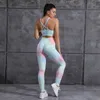 Vrouwen 2 stks Stropdy Dye Yoga Set Sport Pak Gym Kleding Training Kleding Sling Gym Crop Top Hoge Taille Leggings Fitness Sports Wear LR1244 210531