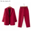 Blazer rosso moda abiti da ufficio donna set due pezzi pantaloni manica lunga per donna Completo Donna 210514