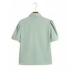 ZA Summer Jewel Button Women Blouse Short Puff Sleeve Bow Tied Vintage Green Shirt Woman Fashion Ruching Fit Tops 210602