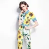 Sommar mode kontrast färg tryck två styck set kvinnor kortärmad skjorta topp + penna byxor 210529
