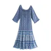 Böhmen Wood Ears O Neck Blomstryck Bomull Maxi Long Swing Dress Hippie Kvinna 3/4 Ärm Holiday Dresses Boho Vestidos 210429