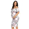 Women's Elegant Floral Ruffle Off Shoulder Maternity Dress Sleeveless Pregnancy Clothes Fitted Bodycon Dress for Baby Shower G220309