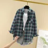 Lente lange mouwen blouse shirts vintage losse vrouwelijke plaid casual straat dame Koreaanse oversized 210510