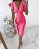 Casual Dresses Puloru Office Lady Sexy V-Neck Bodycon Klänning Sommar Ruffles Ärm Hög Midja Wrap Pencil Solid Färg